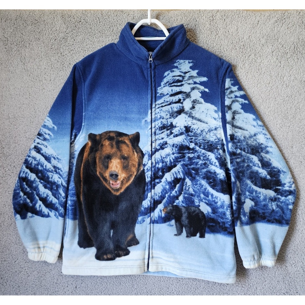 Trail Crest Fleece Jacket Men Large Blue Grizzly Bear Graphic Full Zip Mock Neck